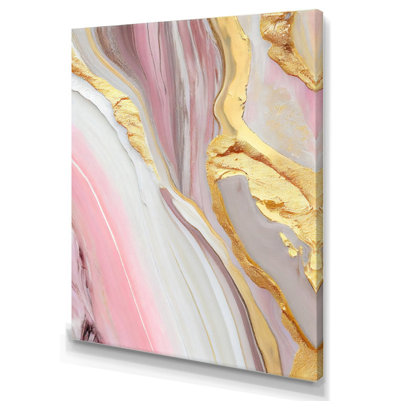 Rose et marbre doré abstrait III - art mural abstrait en marbre, H 20 po x l 12 po x P 1 po, Toile tendue