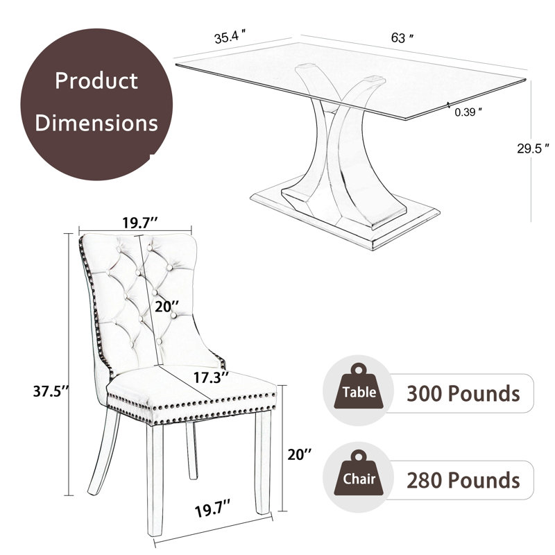Rectangle Tempered Glass Dining Table Set, 7, Black, Black