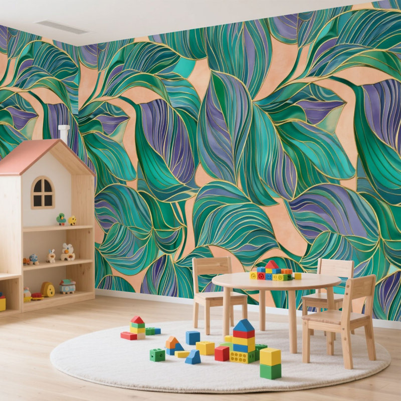 Papier peint adhésif pelez et collez, abstrait, botanique, vert, mauve, feuilles tropicales, art mural auto-adhésif et amovible