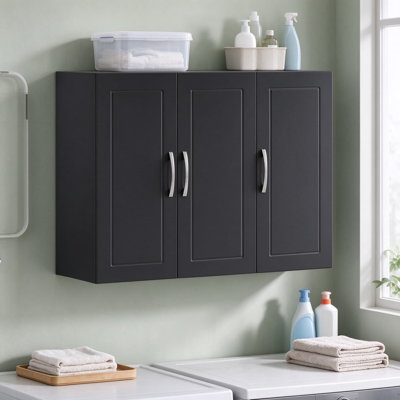 Bathroom Wall Cabinet with Three Doors and Adjustable Shelves, MDF Wood Wall Mounted Storage Cabinet for Bathroom Kitchen or Laundry Room, Black