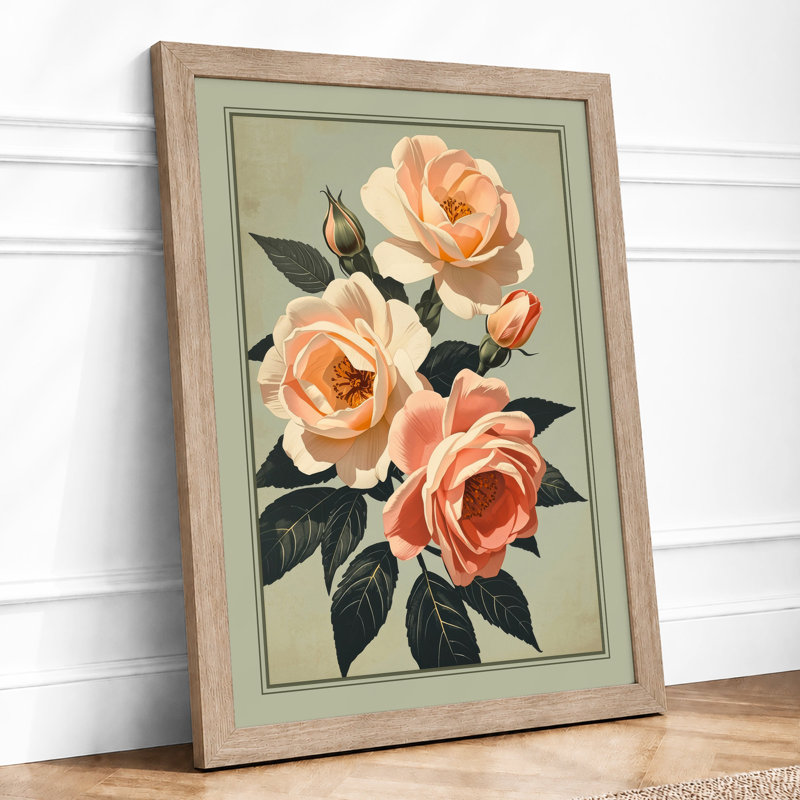 Peach Roses Study Botanical - Print, A1 - 84.1 x 59.4 cm, Oak