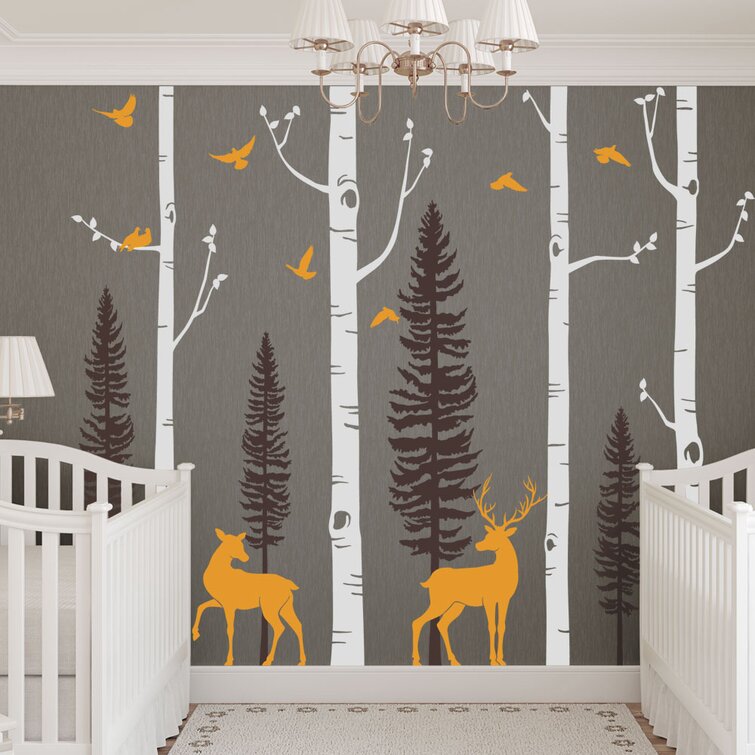 Birch Tree with Birds and Deer Wall Decal Simple Shapes Color: Scheme B, Size: 120 H x 124 W