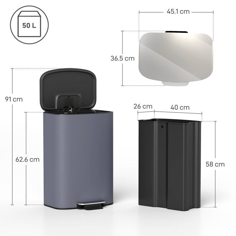 Stainless Steel, Metal Step On Kitchen Trash Can - 50L