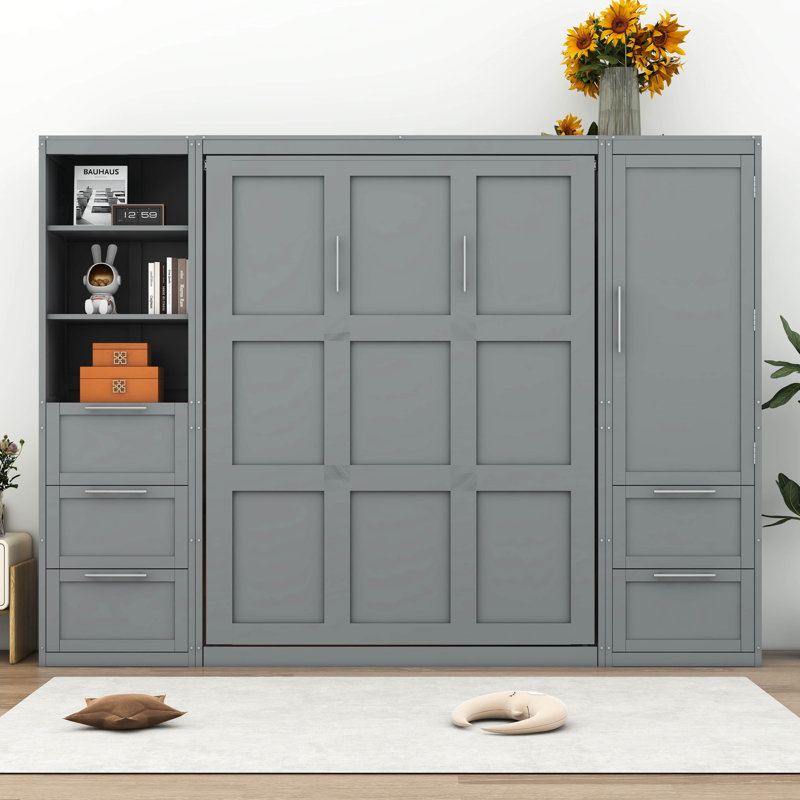 Grand lit escamotable mural avec tablettes, Gris