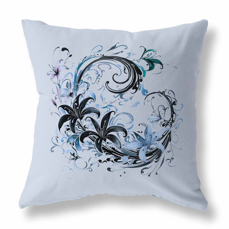 Indoor / Outdoor Floral Square Cushion, Blue/Black Floral, 51cm H x 51cm W