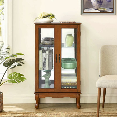 Curio Cabinet Lighted Curio Diapaly Cabinet With Adjustable Shelves And Mirrored Back Panel, Tempered Glass Doors (Oak, 3 Tier), (E26 Light Bulb Not Included)