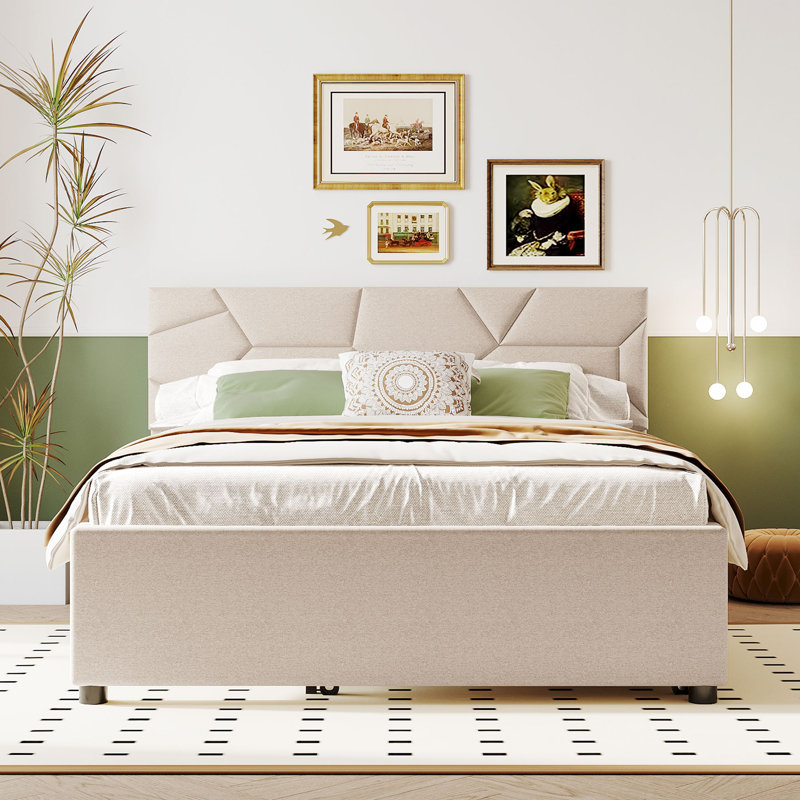 Lit plateforme tapissier avec lit gigogne, Beige, Grand