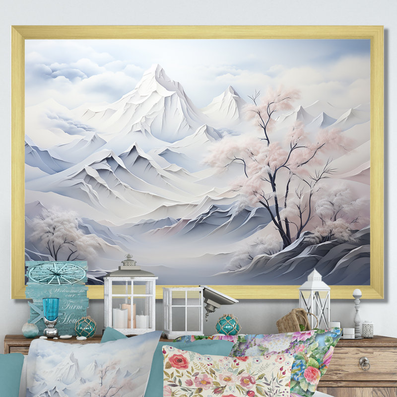Décoration enneigée «Snowy Mountain Peaks Serenity II - Winter Mountains», Cadre doré à coins fermés