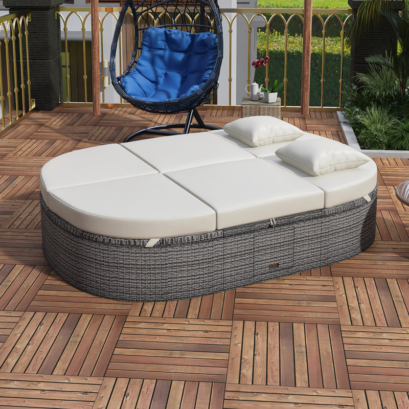 Outdoor Sun Bed Patio 2-Person Daybed With Cushions And Pillows, Beige