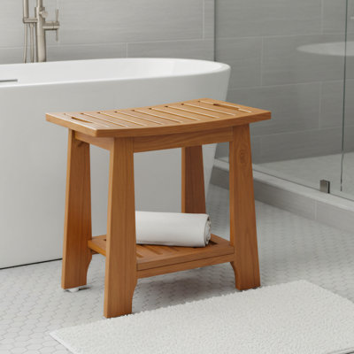 Tabouret de douche 14,1 pouces en teck compact avec tablette et accoudoirs. Imperméable et antidérapant. Convient aux petites salles de bain et à l'extérieur. Capacité de poids: 300 lb