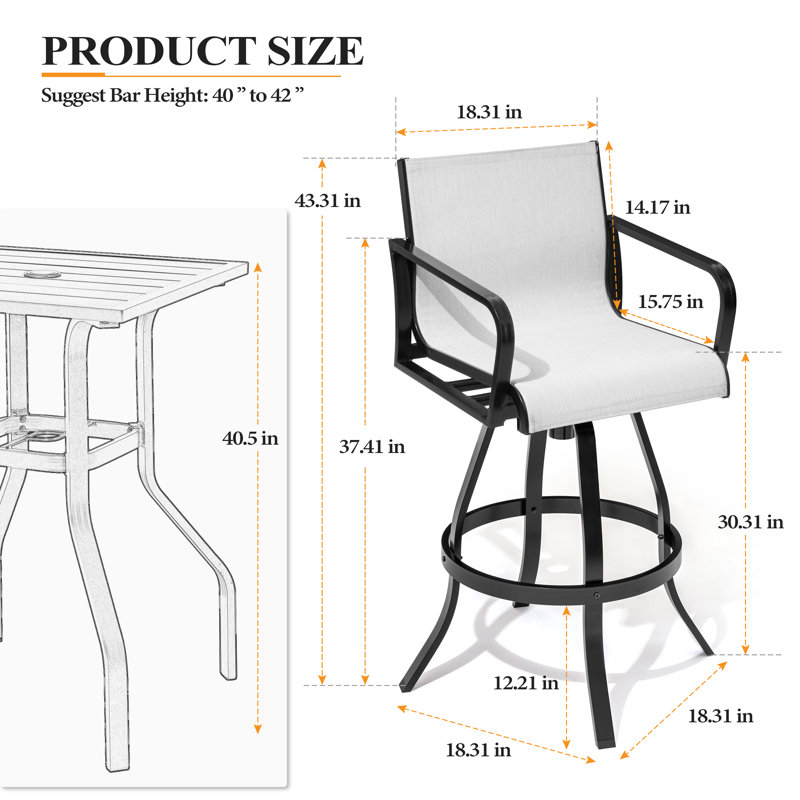 Ensemble de 4 tabourets de bar pivotants en aluminium pour l'extérieur / patio 43,31 po avec tissu respirant