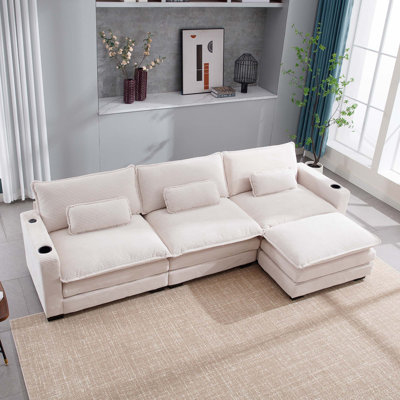 Canapé en L en forme de L: tissu rayé en velours côtelé 3 places avec 1 repose-pieds, port USB et porte-gobelets 