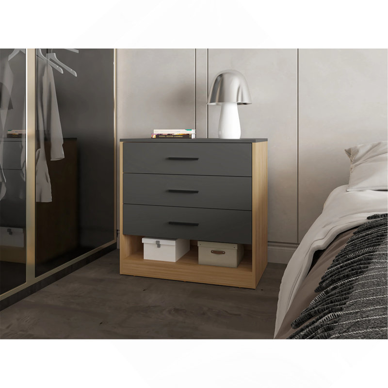 Commode à 3 tiroirs et tablette ouverte en chêne naturel et gris mat