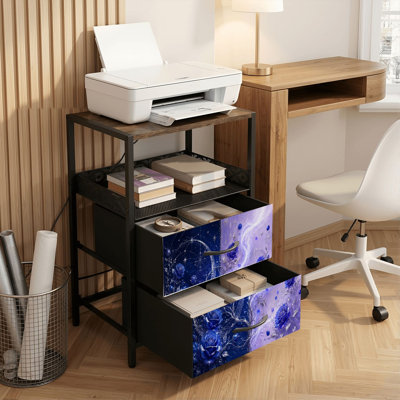 Table de chevet 2 tiroirs avec station de charge, table de chevet de chambre à coucher avec ports USB, tablette ouverte noire, table de chevet avec roses bleues rêveuses