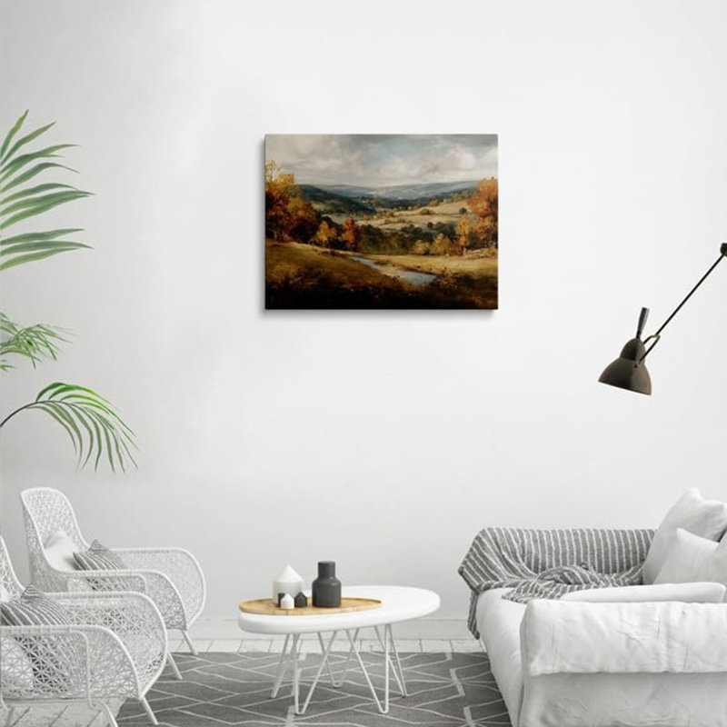 Calming Forest Mountain Landscape Canvas Wall Art Framed Autumn Stream Rolling Hills Moody Nature Wall Decor Artwork Print Poster Peaceful Scene For Living Room Bedroom 16X24 Inches