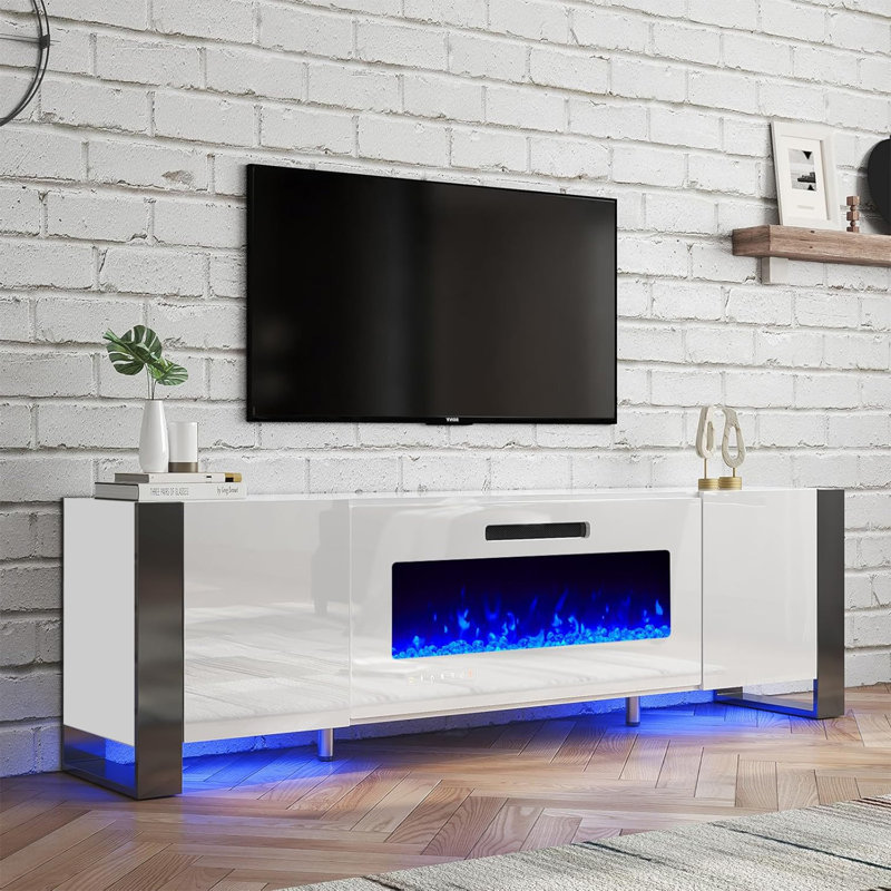 Bhhatu 80" TV Stand with Electric Fireplace Included, All White, All White, 80