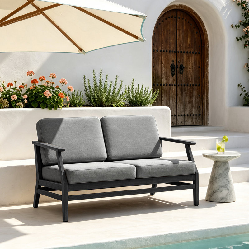 Causeuse d'extérieur en bois de teck avec coussin et accoudoirs Clinkscales, Gris, Noir