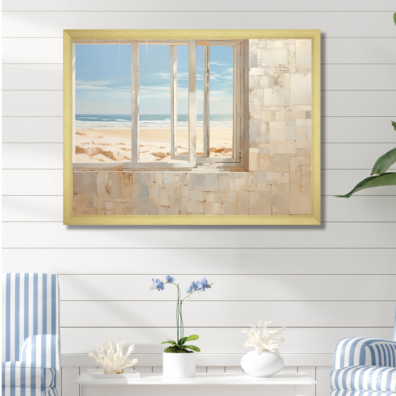«Beach Windows Horizon I» - Impressions sur toile plage et océan, Cadre doré simple, H 12 po x l 20 po x P 1 po