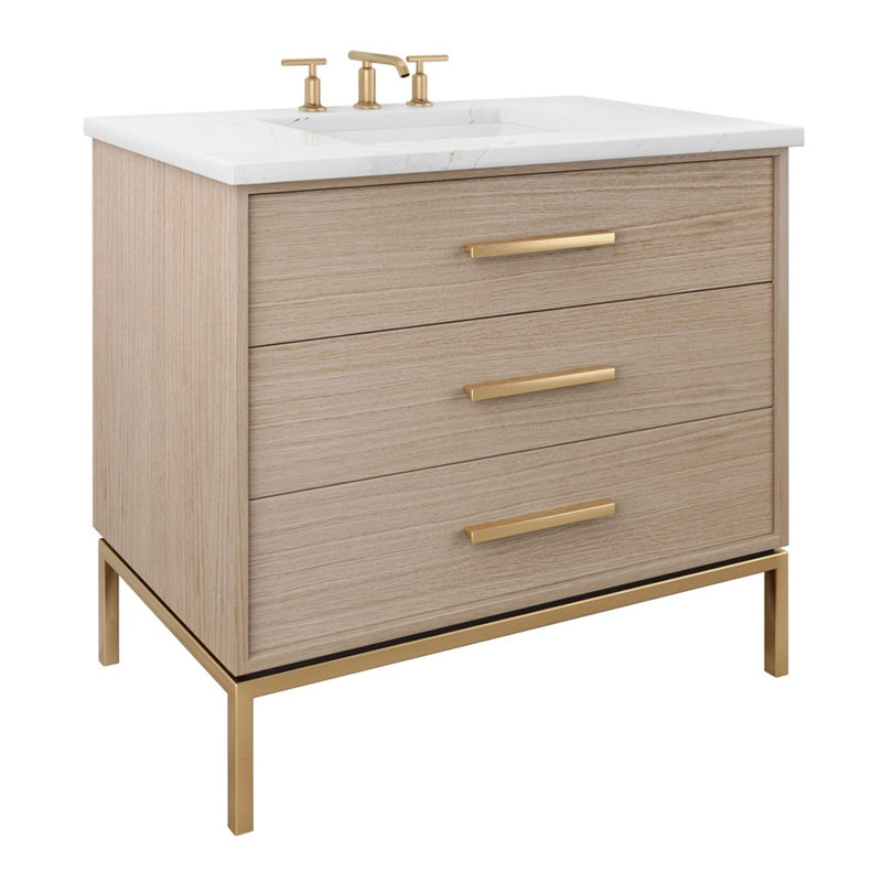 Rift Oak Three-Drawer Single Bath Vanity, 42", Natural Weathered, Satin Gold