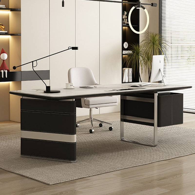 Bureau à 3 tiroirs noir + argent fritté rectangulaire + bois manufacturé + acier inoxydable, Orienté à gauche (vu de face)