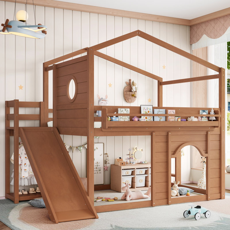 Lit mezzanine double en bois massif avec glissoire, bibliothèque et garde-robe intégré, Lit double, Naturel