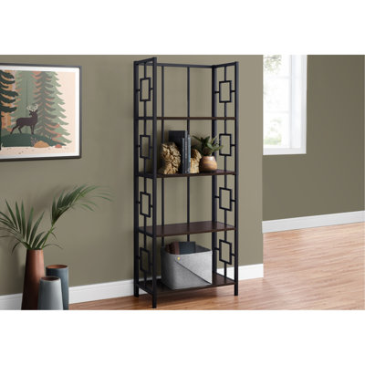 Étagère à livres à 4 niveaux, H 62 po, stratifié brun et structure en métal, pour le salon de chambre à coucher moderne 4, H 62 po, métal noir foncé, décor