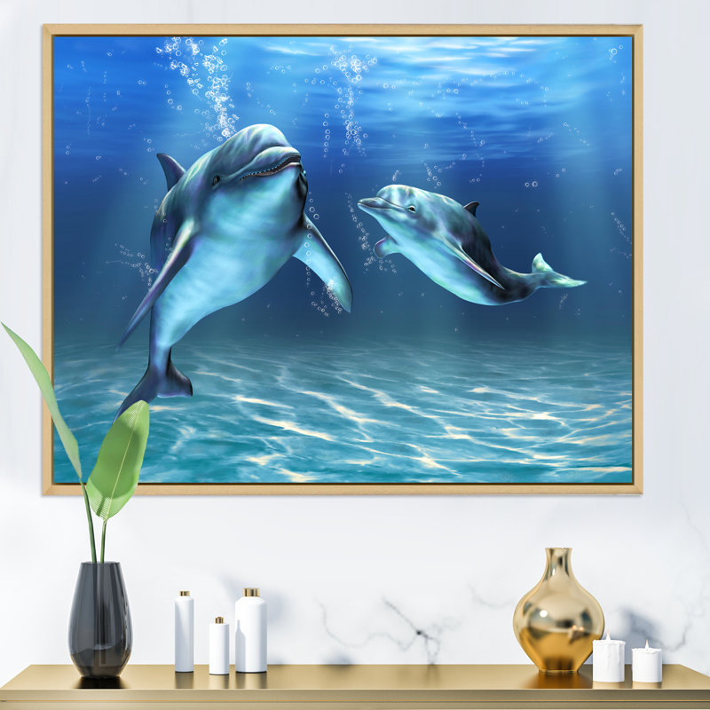 Deux dauphins bleus - Impression sur toile, Cadre flottant en érable, H 34 po x l 44 po