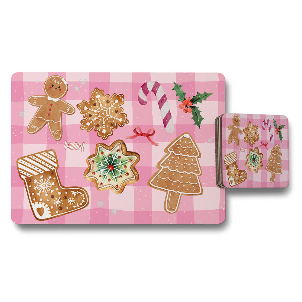 Pink Christmas Placemat And Coaster Set With Gingerbread Cookies