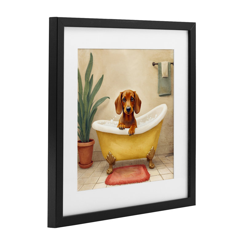 Bubble Bath Brown Dog Framed Print Under Glass, design by Kim Allen, 13" H x 13" W, Midnight Black Frame
