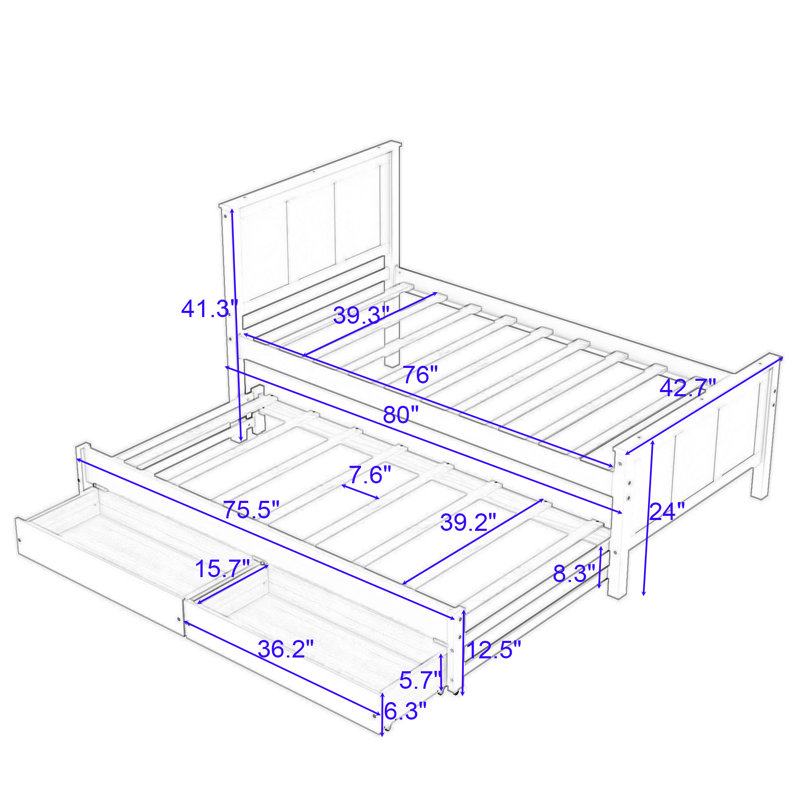 Kids Twin Platform with Trundle with Drawers, White