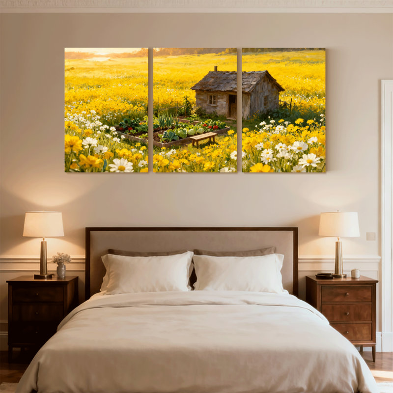 Assortiment de bouquets de champ doré avec chalet et fleurs, ensemble de 3 impressions murales sur toile, H 18 po x l 36 po