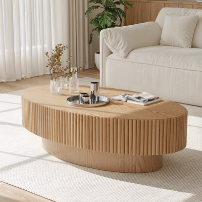 44.4" Solid Wood Oval Coffee Table with Fluted Design  