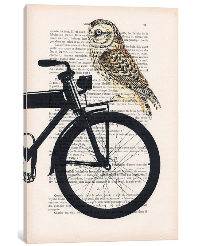«Vintage Paper Series: Owl on Bicycle», impression sur toile, Papier beaux-arts encadré noir, H 24 po x l 16 po x P 1 po