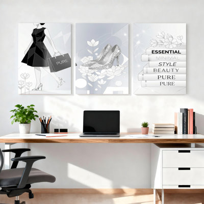 Geometric Fashion Woman With Handbag And Sparkling Heels Canvas Wrapped Wall Art Set Of 3 Minimalist Style Beauty Pure Theme For Living Room Bedroom Or Boutique Decor