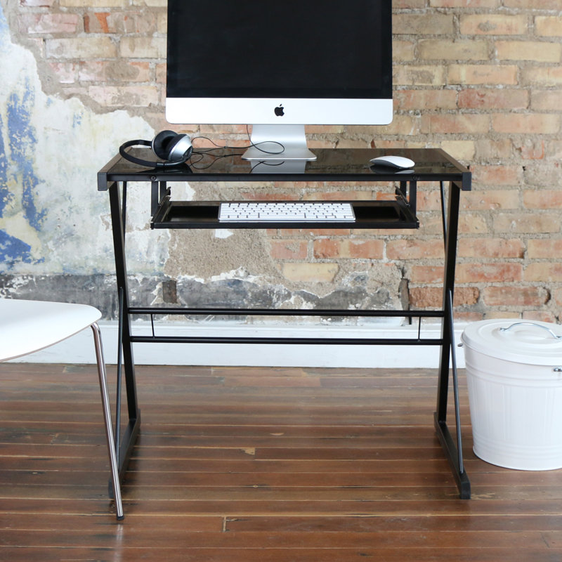 Bryanna Glass Top Metal Base Computer Desk, Black