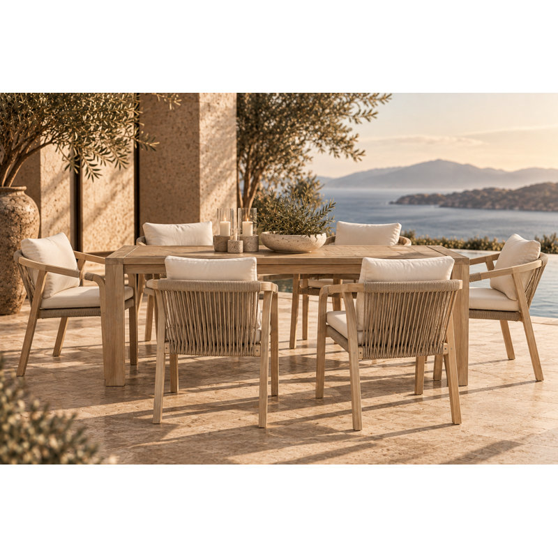 Joly 7-Piece 6-Person Acacia Wood Outdoor Dining Set – Rectangular Patio Table with Umbrella Hole & 6 Stackable Rope Weave Cushioned Chairs - Beige