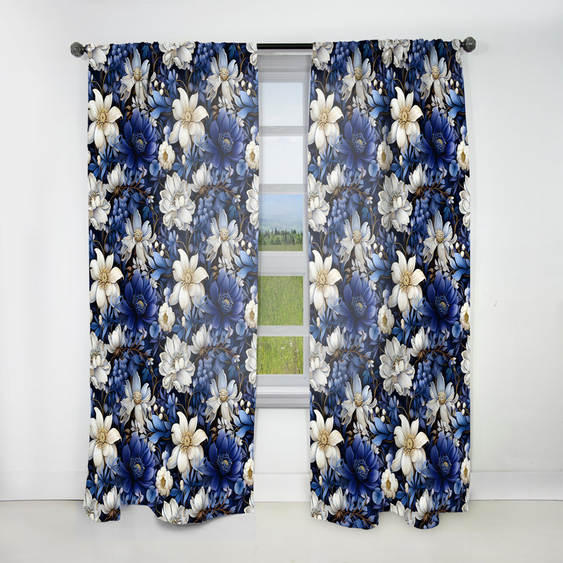 Deep Indigo Moonlit Flowers II - Rideau floral - Rideau floral obscurcissant - 1 panneau, L 52 po x L 120 po
