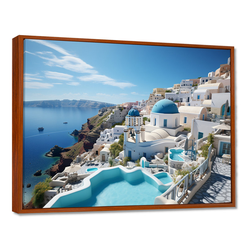 Grèce «Santorini Dreams I», art mural grand de Grèce, H 30 po x l 40 po x P 1,5 po, Cadre flottant brun