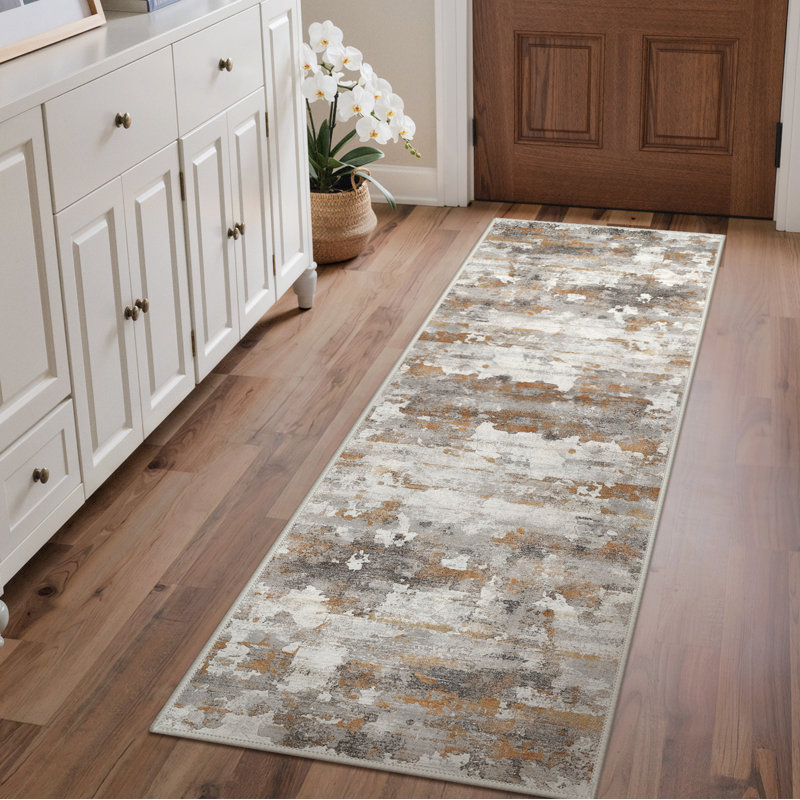 Aura Modern Abstract Machine Washable Distressed Grey / Yellow Indoor Area Rug with Non-Slip Backing, Runner 2' x 6'