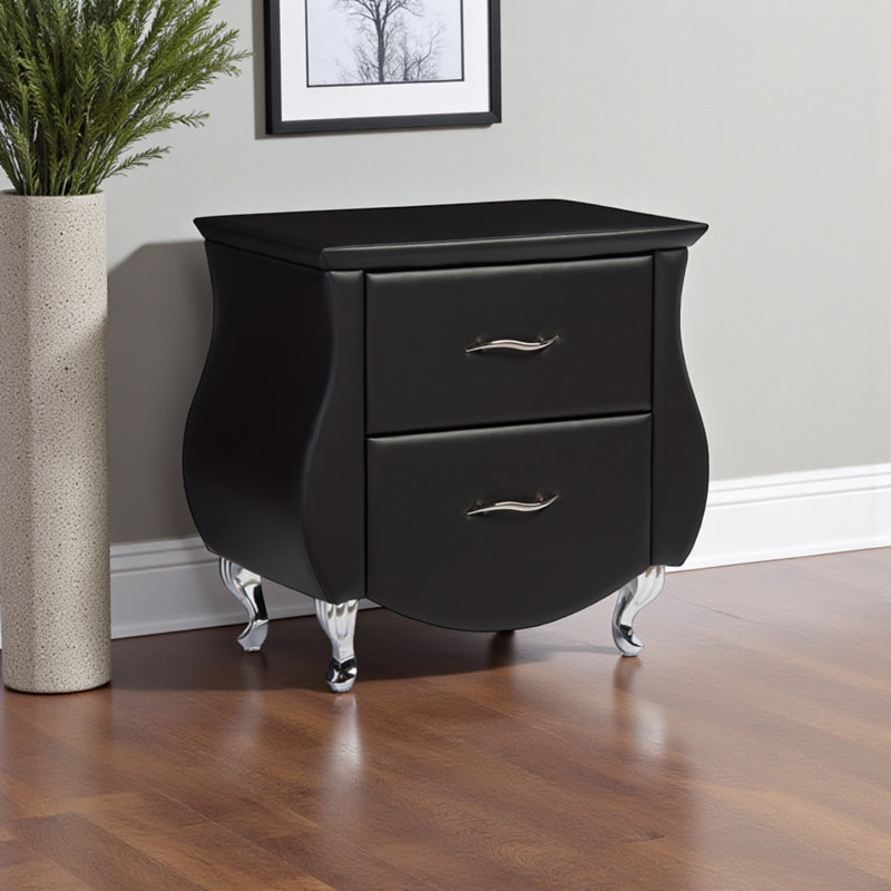 Kamaryn Nightstand in Black Faux Leather and Chromed Steel Legs, 24.38'' H X 25.16'' W X 16.19'' D, Black