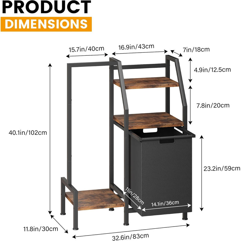 Panier à linge avec support suspendu et 3 tablettes, grand panier à linge, trieur de linge vertical 3-en-1, rangement pour salle de lavage pour petits espaces