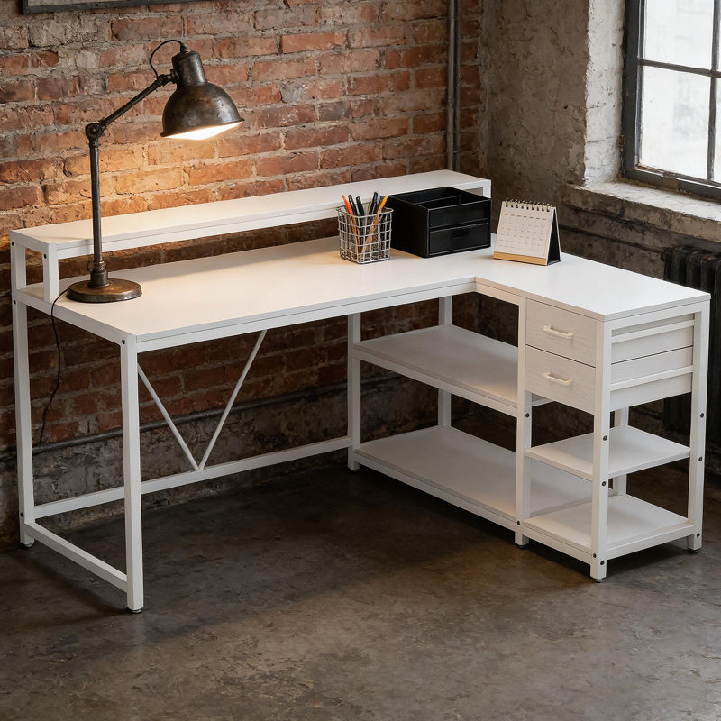 Bureau, bureau en L, bureau d'ordinateur réversible, Blanc / blanc