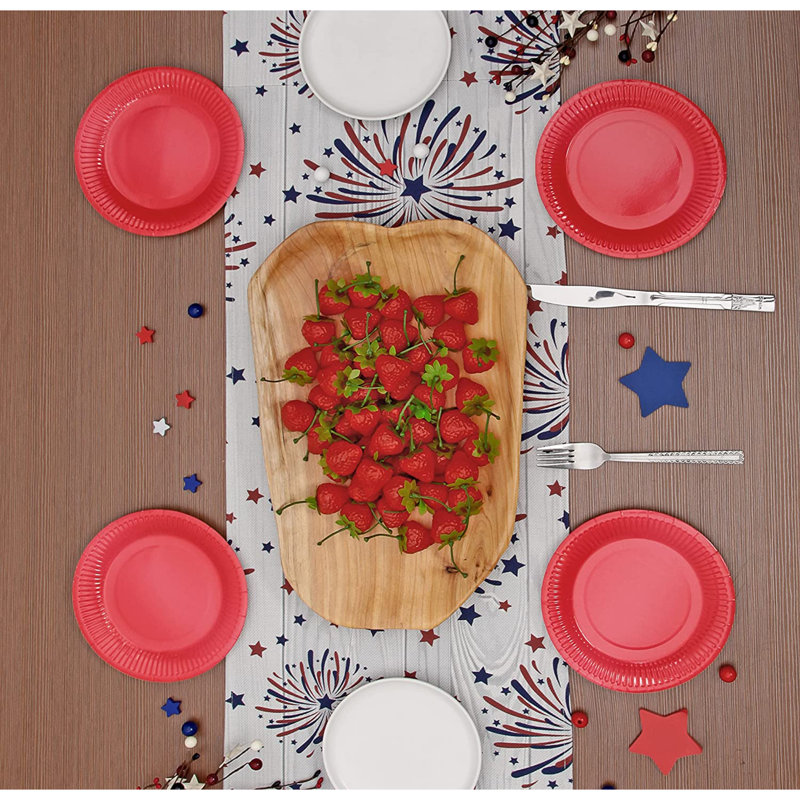 Fireworks Table Runner 4Th Of July Patriotic Memorial Day Independence Day Holiday Kitchen Dining Table Decoration,Holiday Burlap Table Cover, 13 X 70 Inch, Americana Stars, Red, White, Blue.