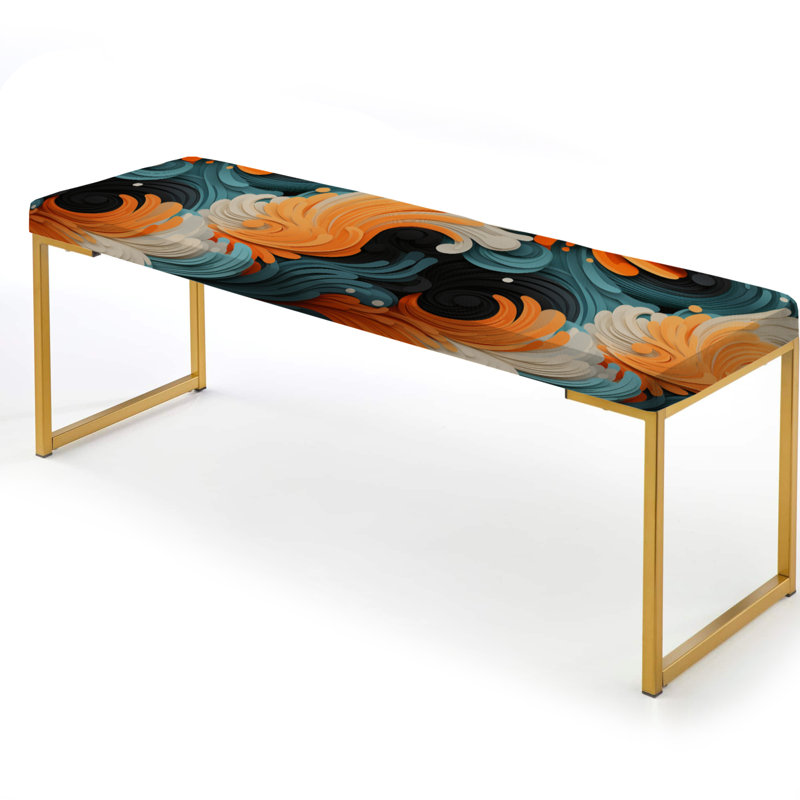 Abstract Upholstered Gold Bench, Orange And Teal Abstract Waves