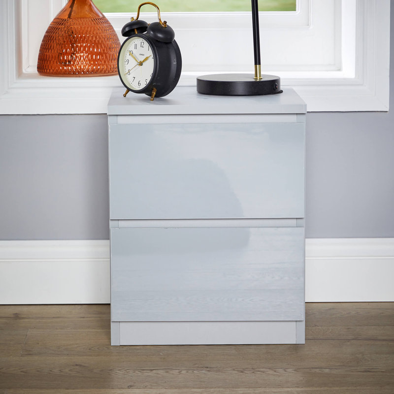Rishin 2 Drawer High Gloss Bedside Cabinet Unit, Grey