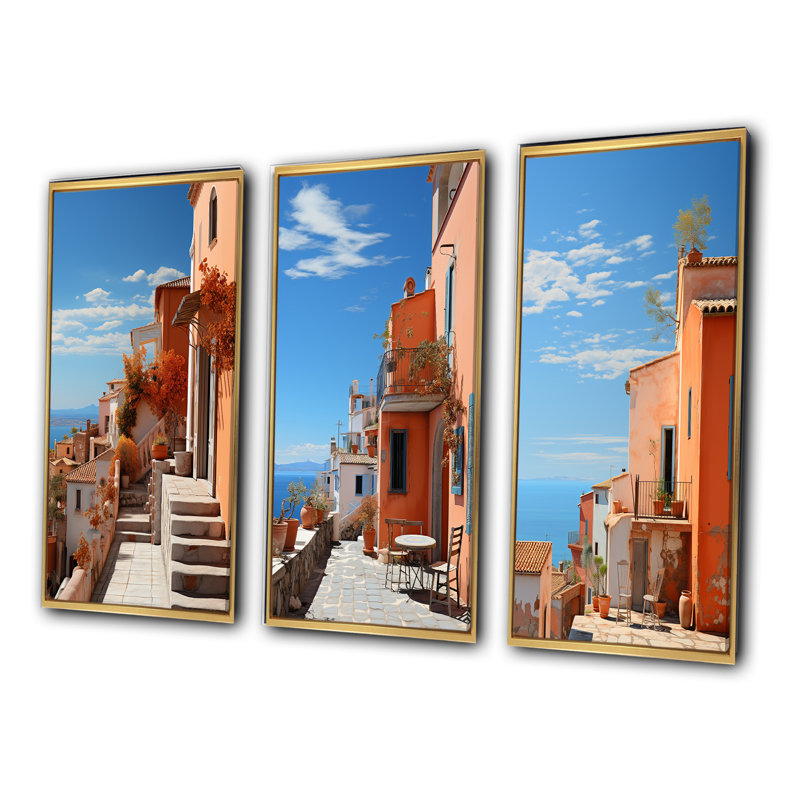 «Italy Terracotta Tones Fontanas VI», 3 pièces sur toile, Encadrement doré, H 20 po x l 36 po