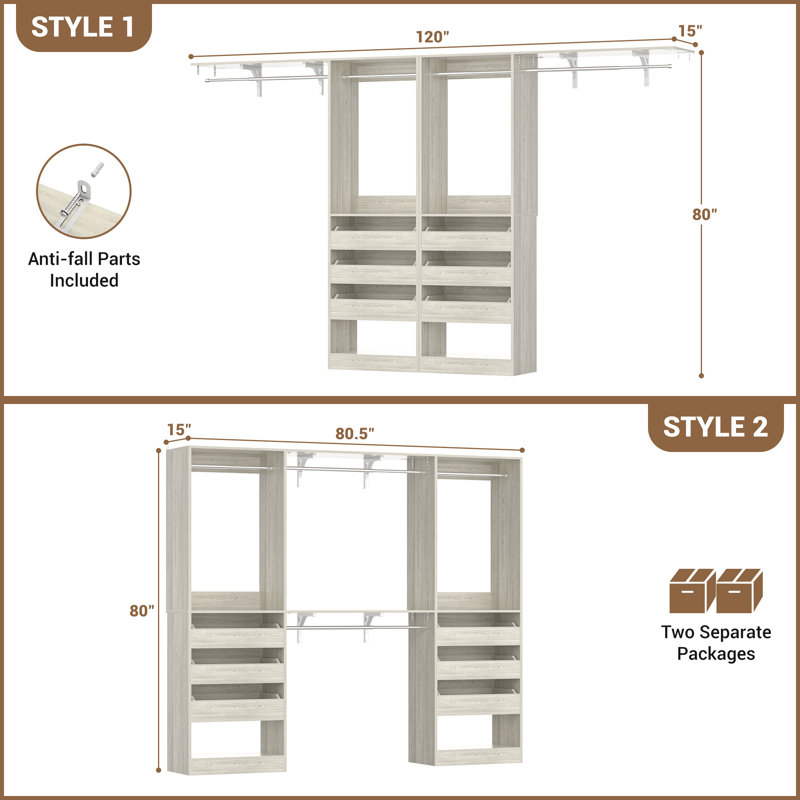 80"-120" Walk In Closet System With 6 Drawers, White Oak