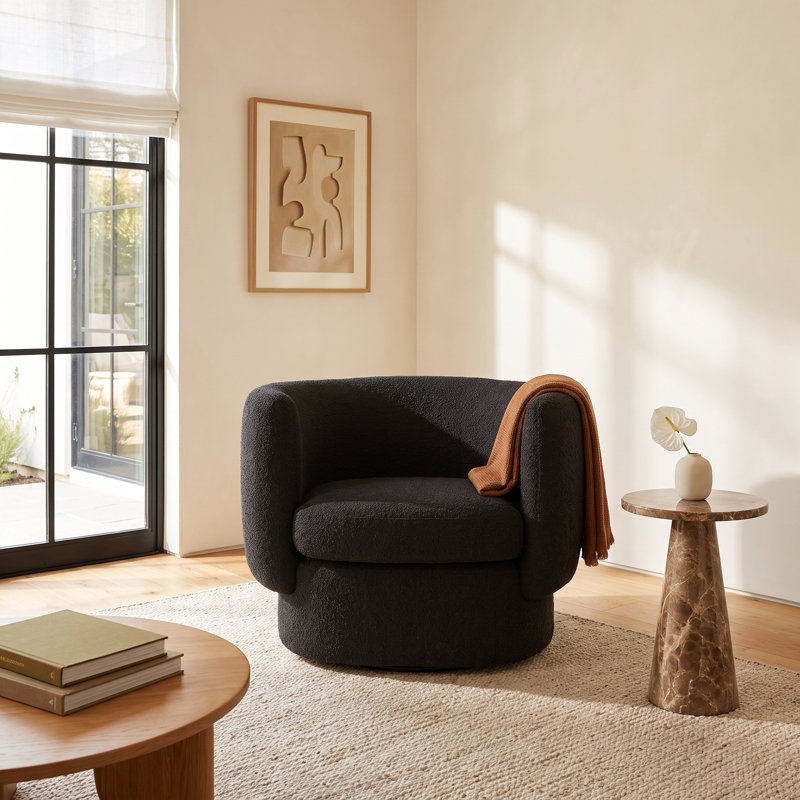 Atla Upholstered Barrel Chair, Maya Black Boucle