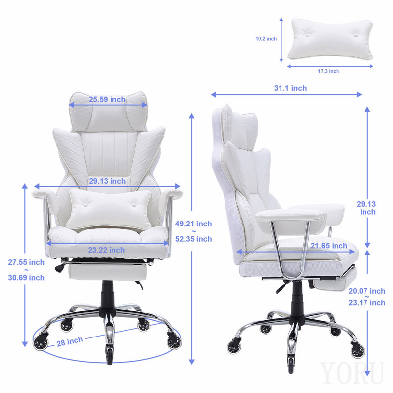 Reclining Office Chair With Footrest, Heavy Duty Pu Leather Wide Office Chair, Big And Tall Executive Office Chairs With Lumbar Support, Strong Metal Base Quiet Wheels, White
