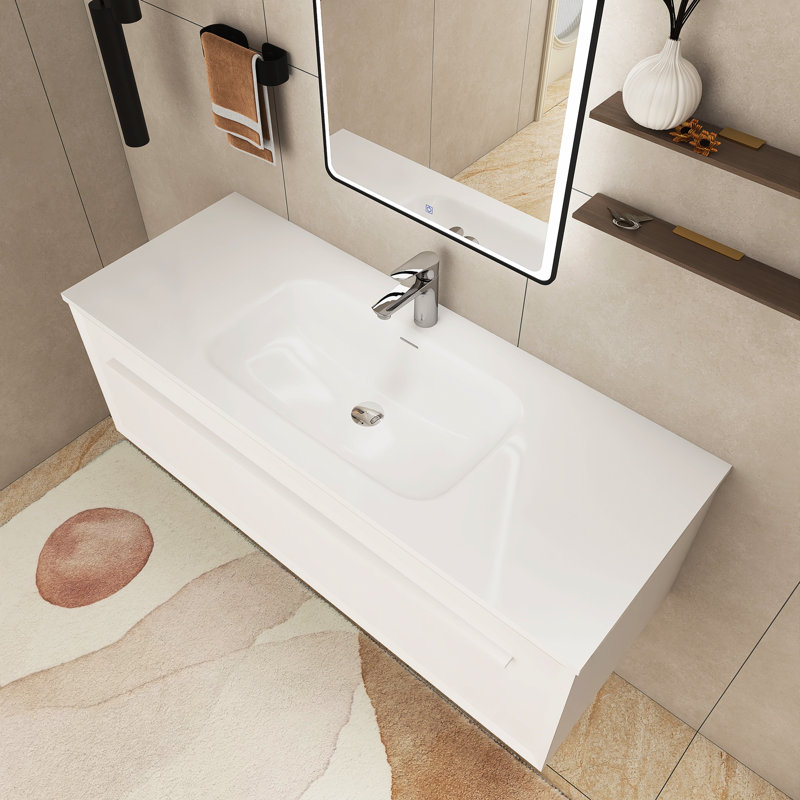 47.3'' Wall Mounted Single Sink Bathroom Vanity with Solid Surface Top, White
